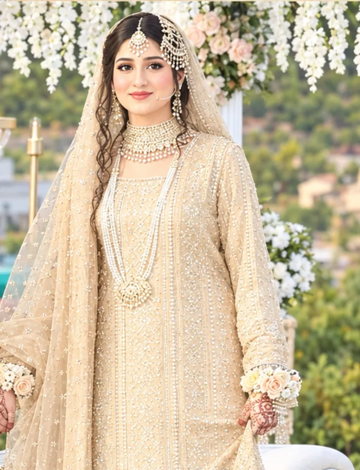 Bride in a champagne embellished nikah dress with pearl jewellery