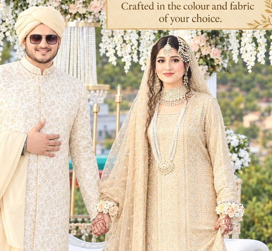 A bride and groom in matching ivory and champagne nikah outfits, stitched by Zymal's Fashion
