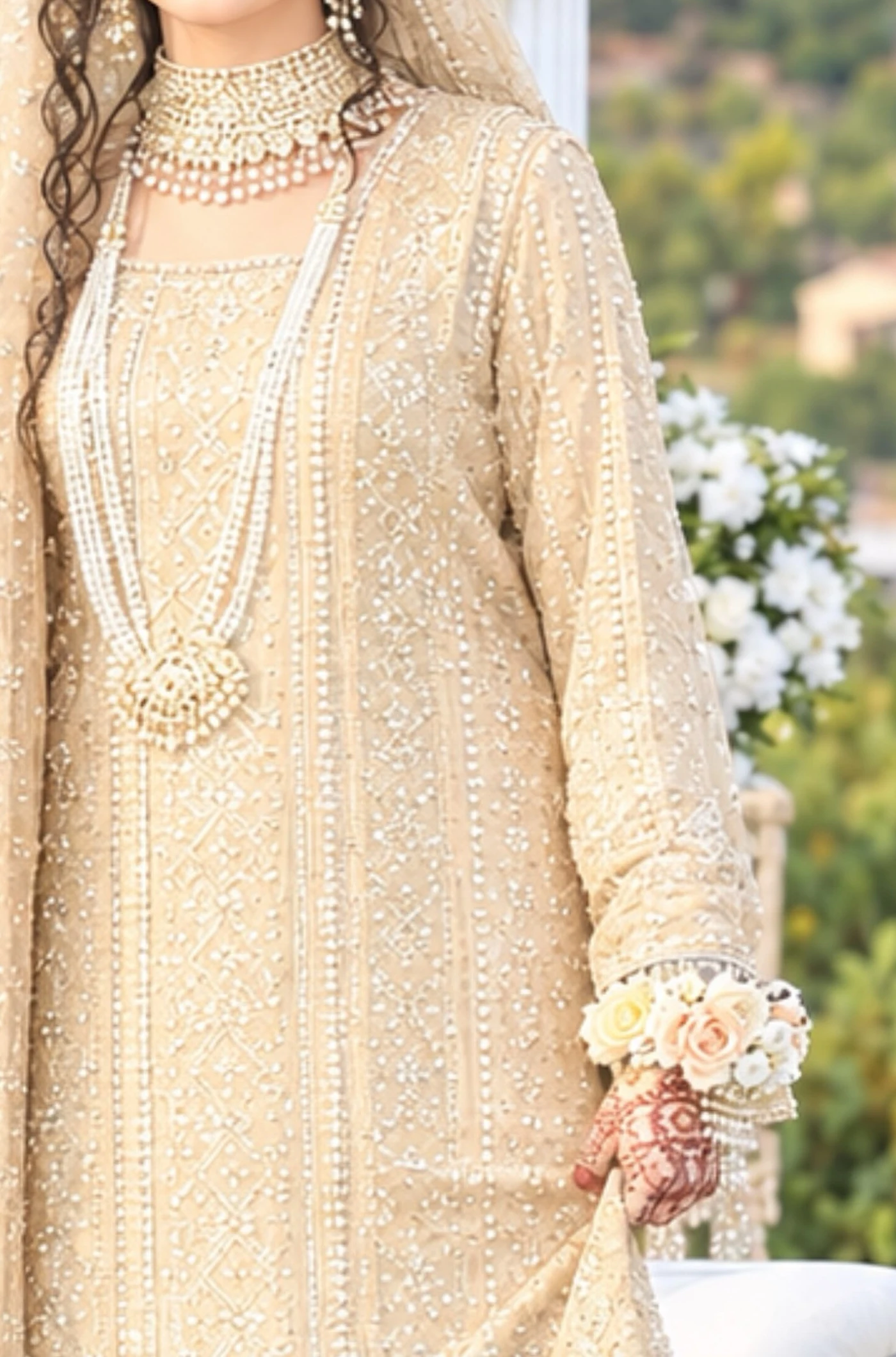 Close-up of a champagne bridal dress with pearl strands and sequin work